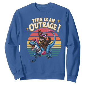 This Is An Outrage Cat Riding Dinosaur Sweatshirt Sci-Fi Book Lover Gift