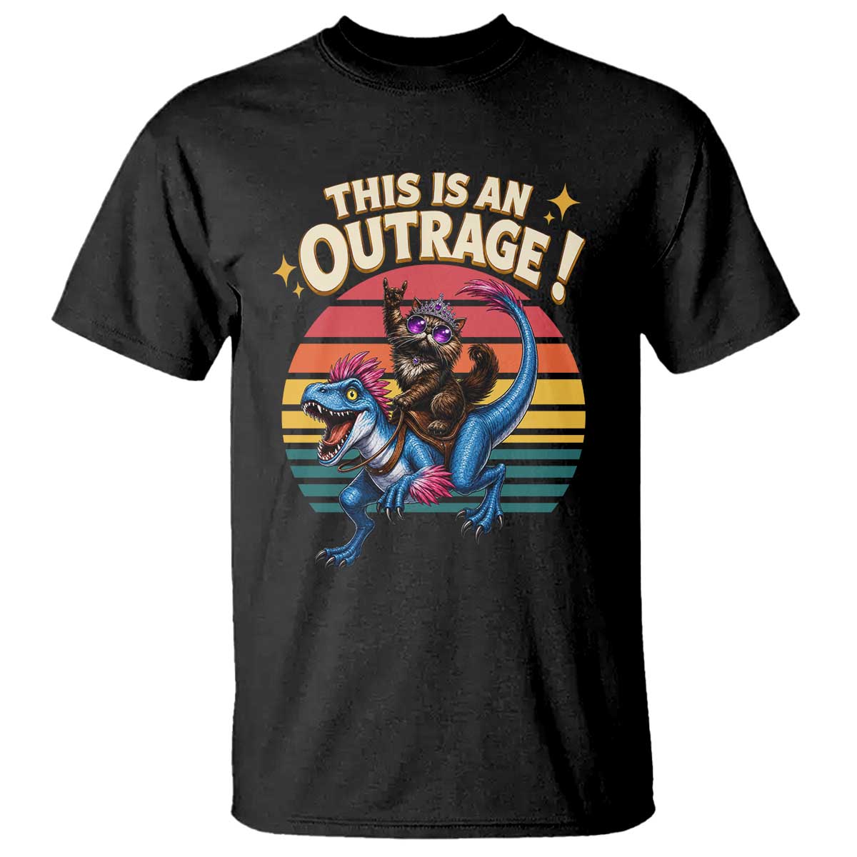 This Is An Outrage Cat Riding Dinosaur T Shirt Sci-Fi Book Lover Gift