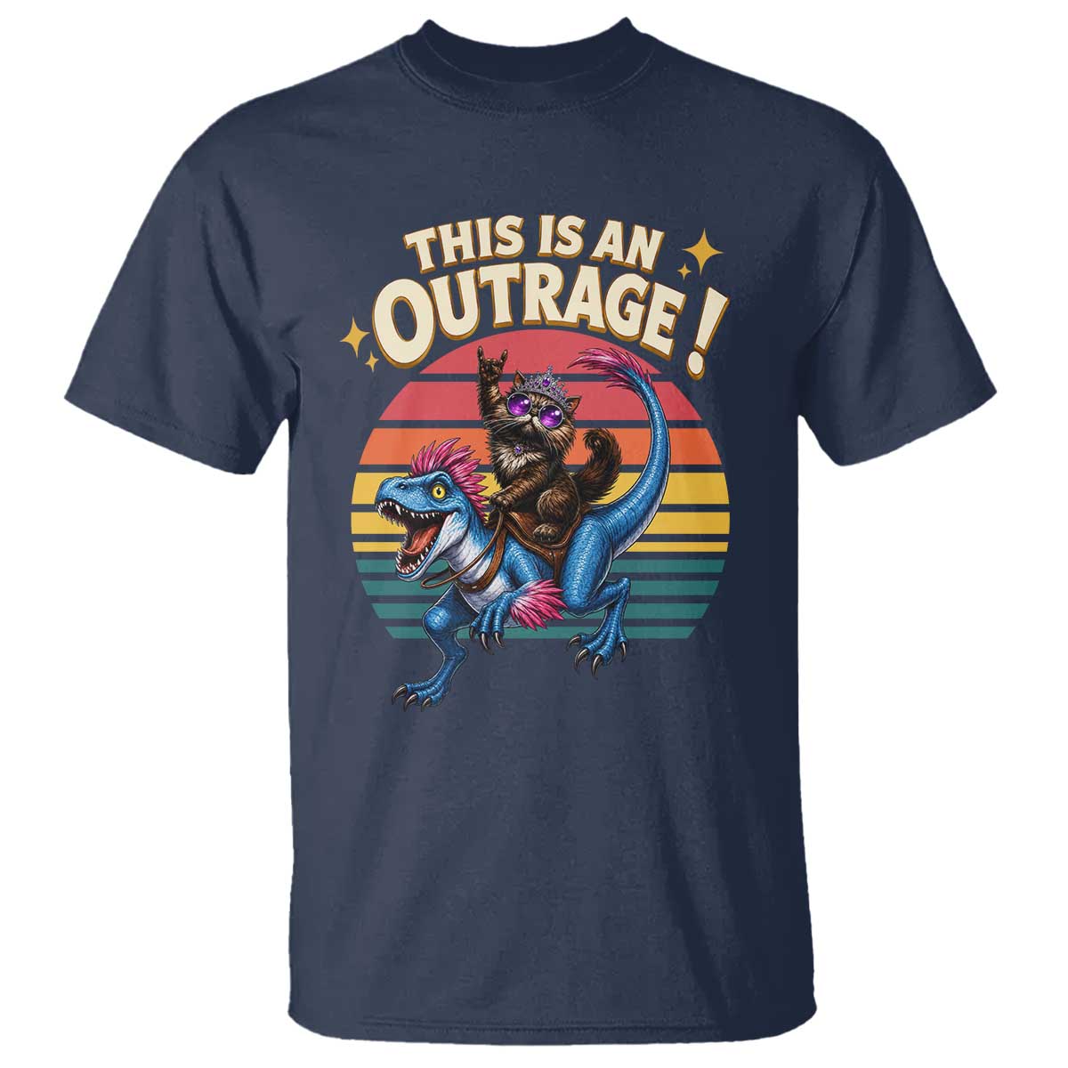 This Is An Outrage Cat Riding Dinosaur T Shirt Sci-Fi Book Lover Gift