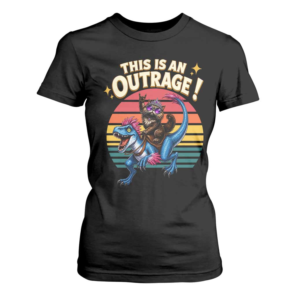 This Is An Outrage Cat Riding Dinosaur T Shirt For Women Sci-Fi Book Lover Gift