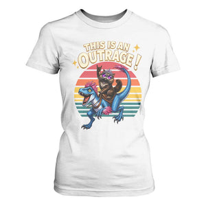 This Is An Outrage Cat Riding Dinosaur T Shirt For Women Sci-Fi Book Lover Gift