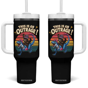 This Is An Outrage Cat Riding Dinosaur Tumbler With Handle Sci-Fi Book Lover Gift