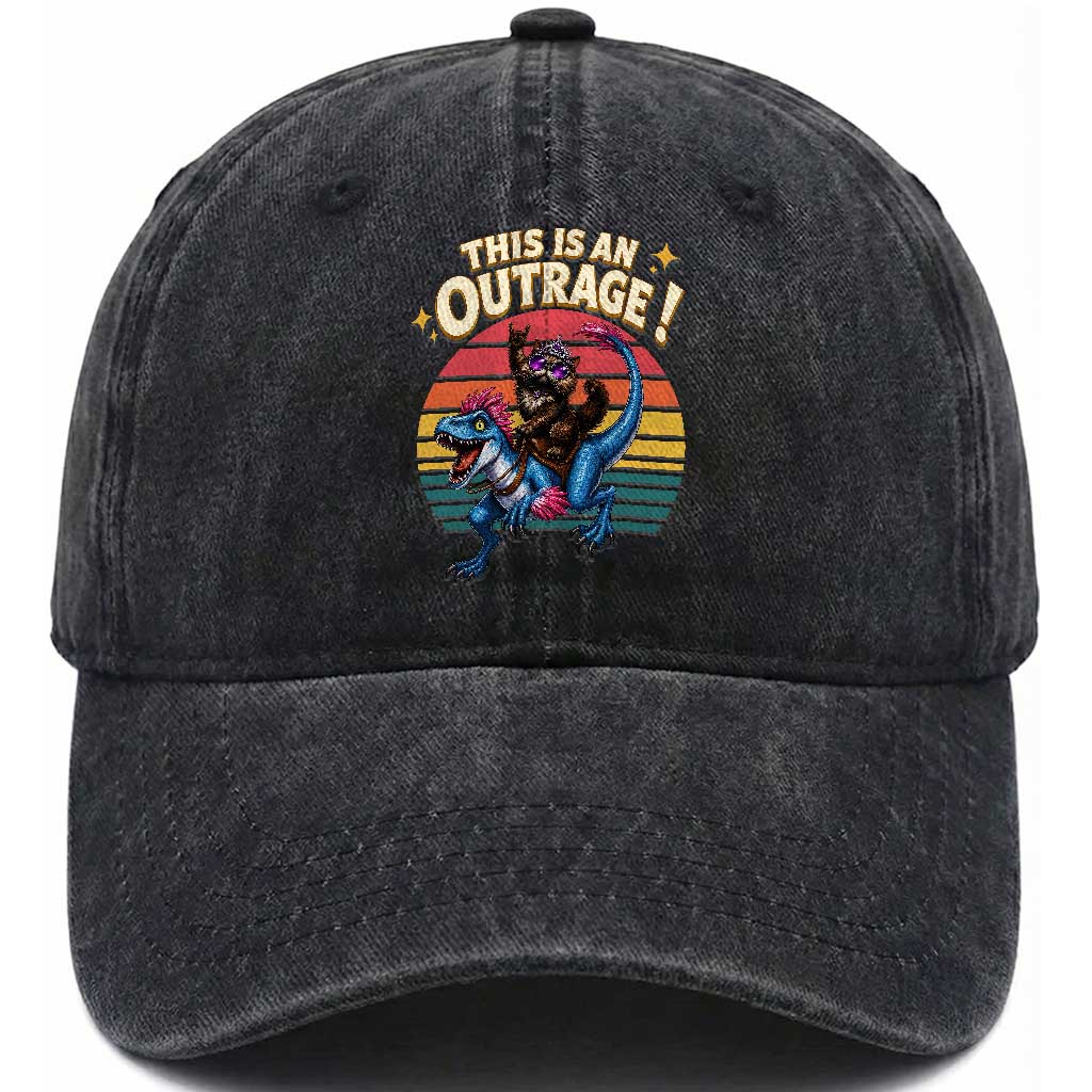 This Is An Outrage Cat Riding Dinosaur Washed Cotton Baseball Cap Sci-Fi Book Lover Gift TS12 Print Your Wear