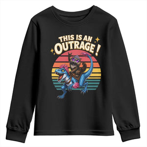 This Is An Outrage Cat Riding Dinosaur Youth Sweatshirt Sci-Fi Book Lover Gift