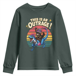 This Is An Outrage Cat Riding Dinosaur Youth Sweatshirt Sci-Fi Book Lover Gift