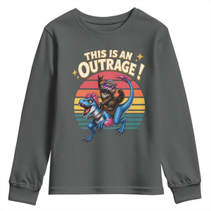 This Is An Outrage Cat Riding Dinosaur Youth Sweatshirt Sci-Fi Book Lover Gift