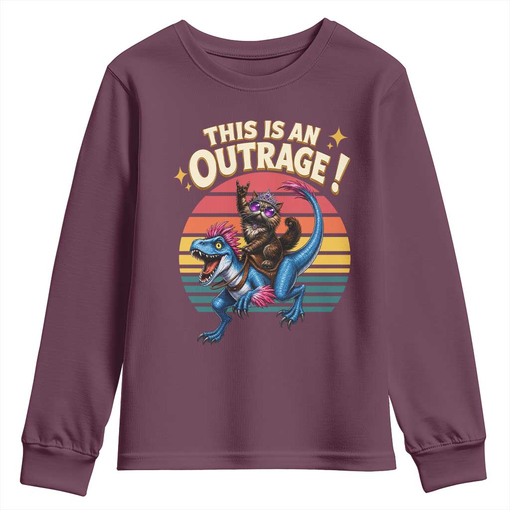 This Is An Outrage Cat Riding Dinosaur Youth Sweatshirt Sci-Fi Book Lover Gift