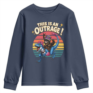 This Is An Outrage Cat Riding Dinosaur Youth Sweatshirt Sci-Fi Book Lover Gift