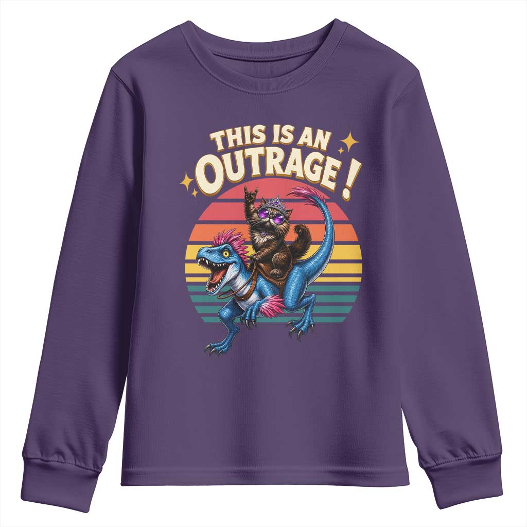 This Is An Outrage Cat Riding Dinosaur Youth Sweatshirt Sci-Fi Book Lover Gift