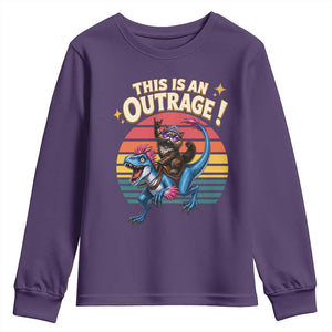 This Is An Outrage Cat Riding Dinosaur Youth Sweatshirt Sci-Fi Book Lover Gift
