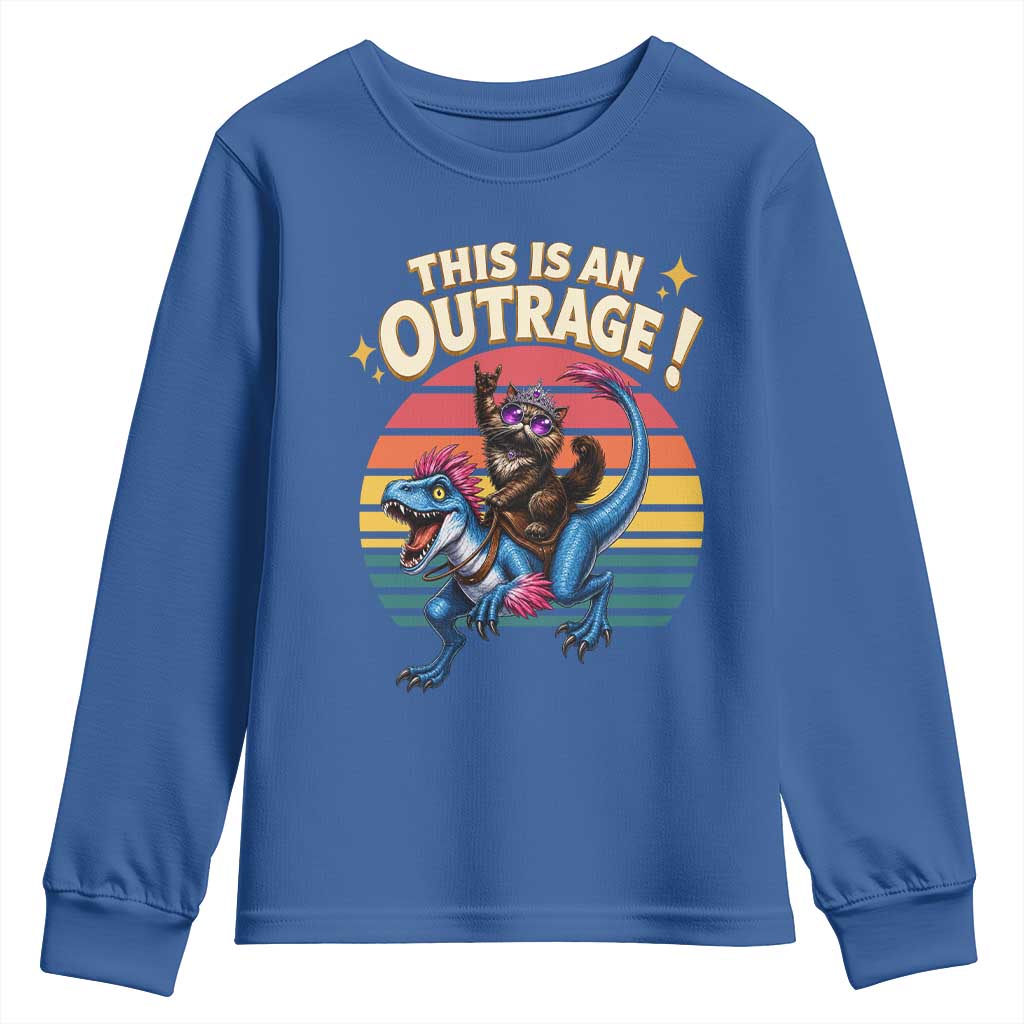 This Is An Outrage Cat Riding Dinosaur Youth Sweatshirt Sci-Fi Book Lover Gift