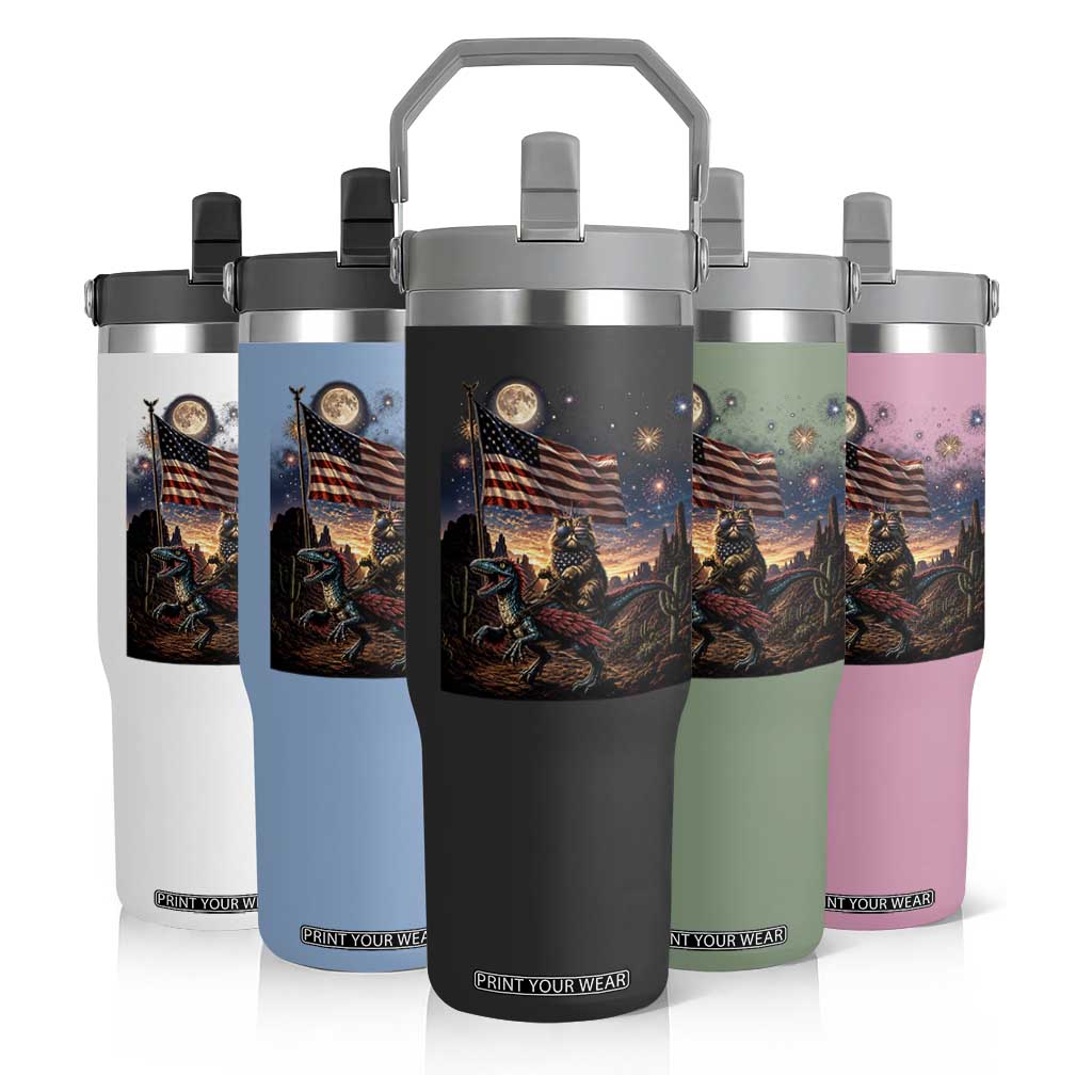 Funny Princess Cat On Dinosaur Patriotic Freedom Gift Flip Straw Tumbler