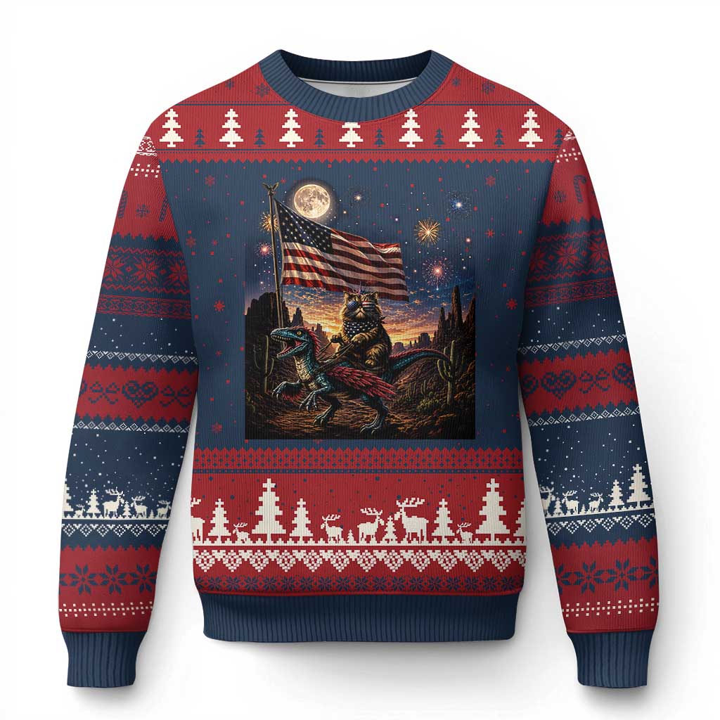 Funny Princess Cat On Dinosaur Patriotic Freedom Gift Ugly Christmas Sweater TS12 Navy Red Print Your Wear