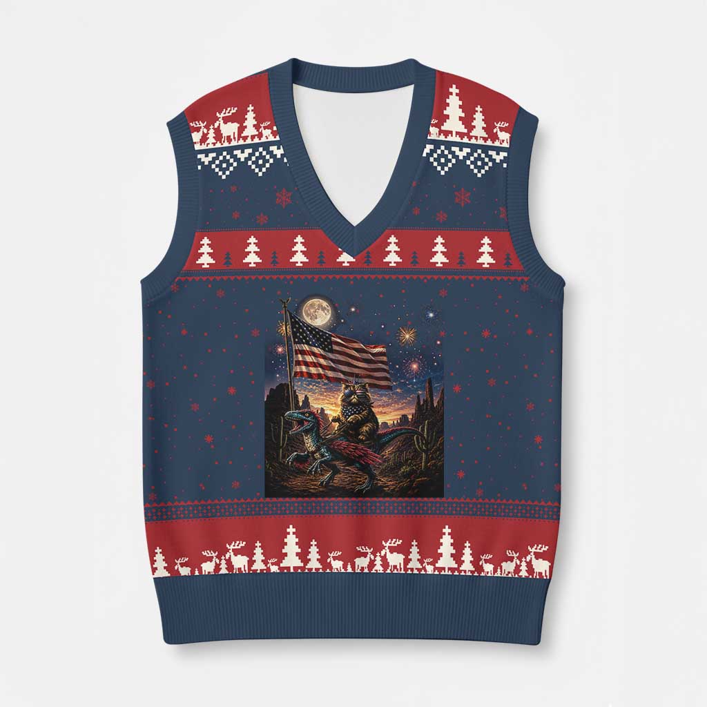 Funny Princess Cat On Dinosaur Patriotic Freedom Gift V-Neck Knit Sweater Vest