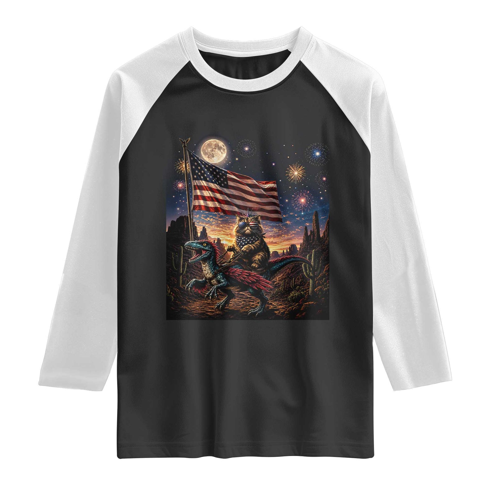 Funny Princess Cat On Dinosaur Patriotic Freedom Gift Raglan Shirt TS12 Black White Print Your Wear