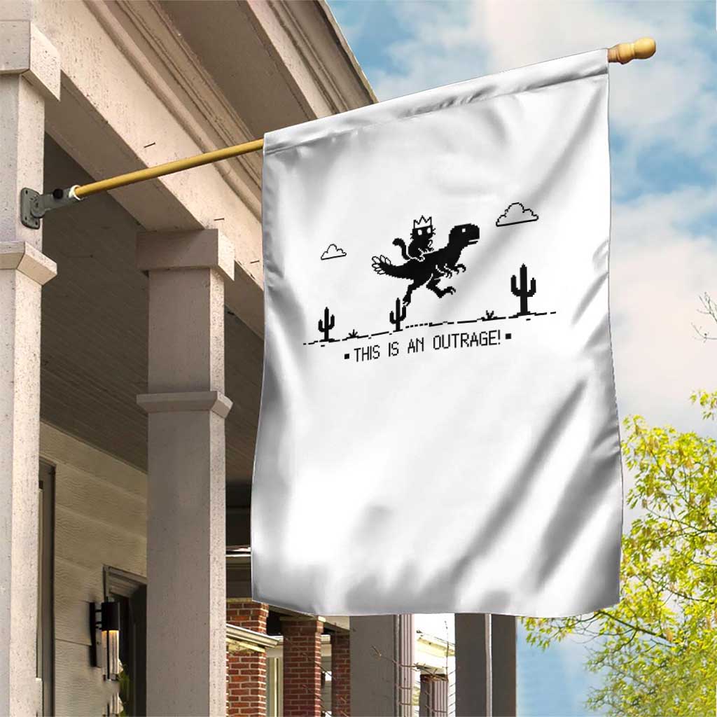 Funny Cat Riding Dinosaur Pixel Retro Garden Flag This Is An Outrage