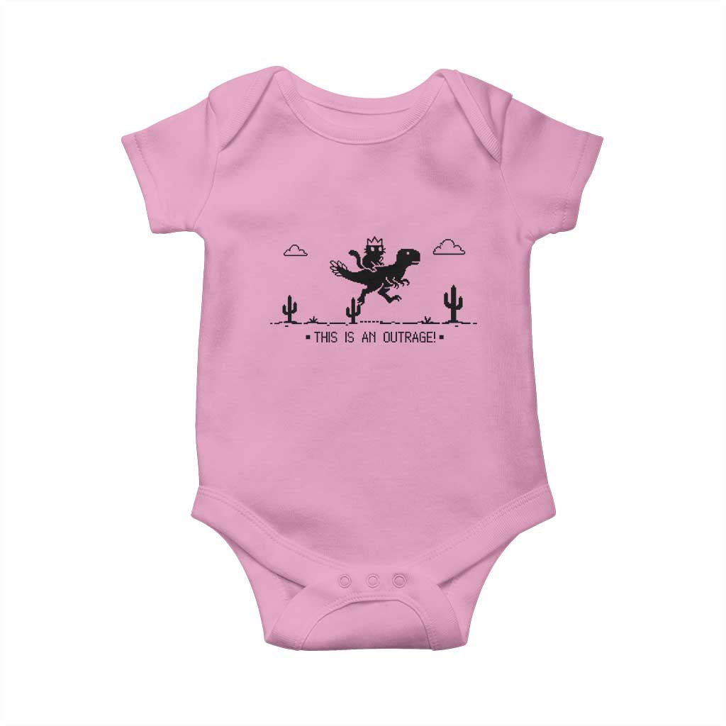 Funny Cat Riding Dinosaur Pixel Retro Baby Onesie This Is An Outrage