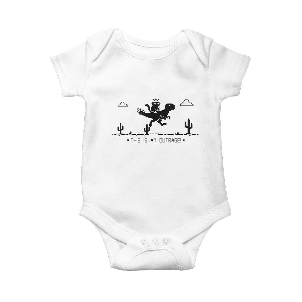 Funny Cat Riding Dinosaur Pixel Retro Baby Onesie This Is An Outrage TS12 White Print Your Wear