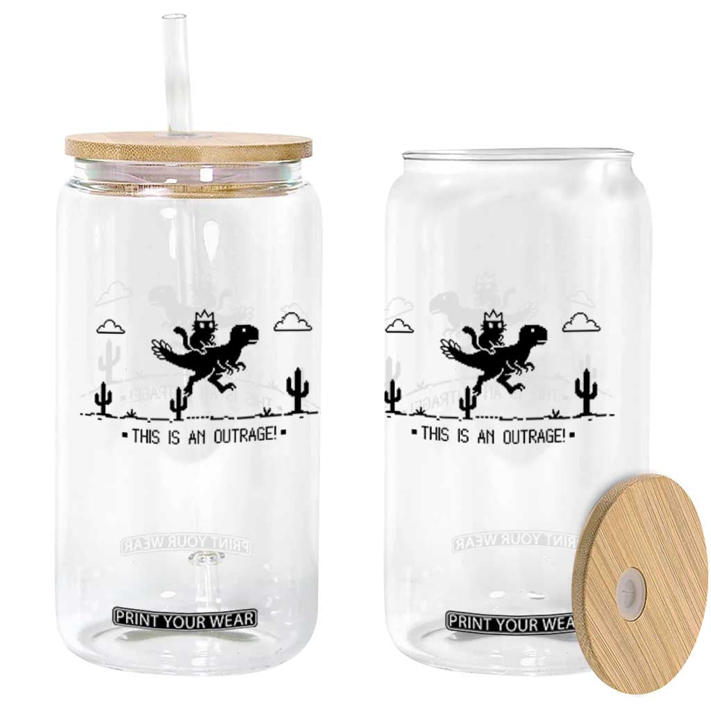 Funny Cat Riding Dinosaur Pixel Retro Glass Can This Is An Outrage