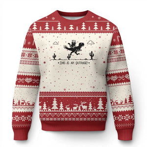 Funny Cat Riding Dinosaur Pixel Retro Ugly Christmas Sweater This Is An Outrage