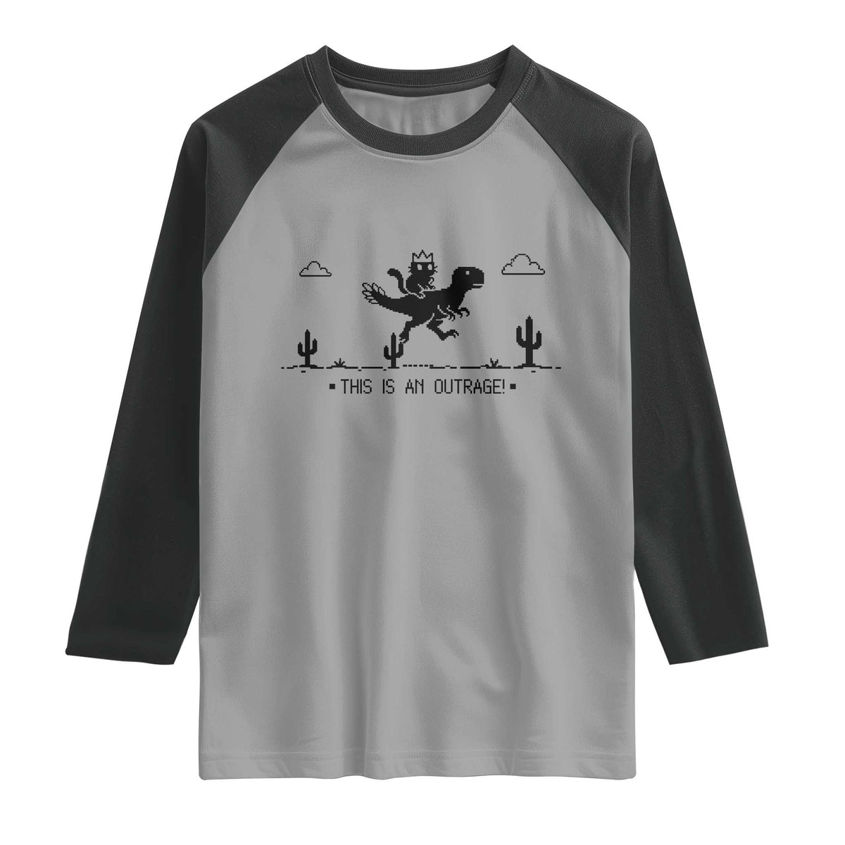 Funny Cat Riding Dinosaur Pixel Retro Raglan Shirt This Is An Outrage