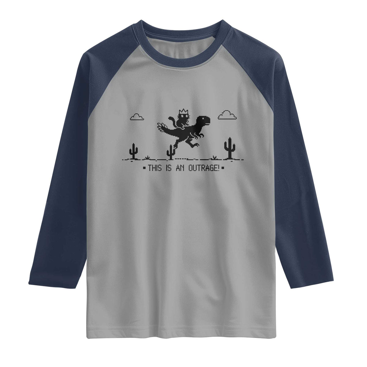 Funny Cat Riding Dinosaur Pixel Retro Raglan Shirt This Is An Outrage