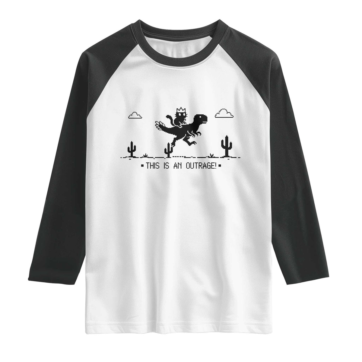 Funny Cat Riding Dinosaur Pixel Retro Raglan Shirt This Is An Outrage