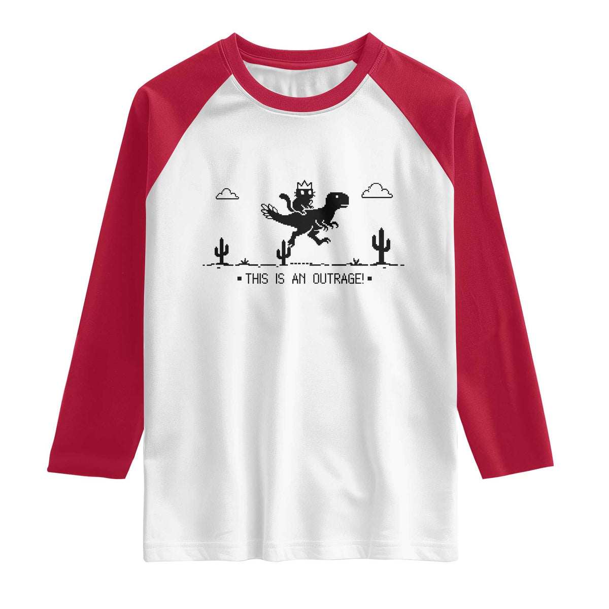 Funny Cat Riding Dinosaur Pixel Retro Raglan Shirt This Is An Outrage