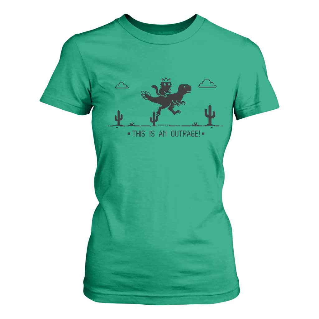 Funny Cat Riding Dinosaur Pixel Retro T Shirt For Women This Is An Outrage