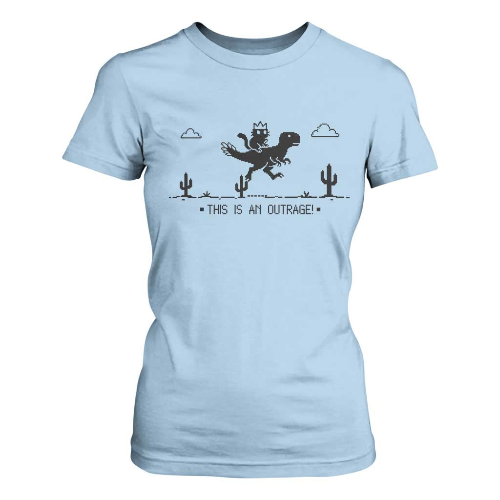 Funny Cat Riding Dinosaur Pixel Retro T Shirt For Women This Is An Outrage