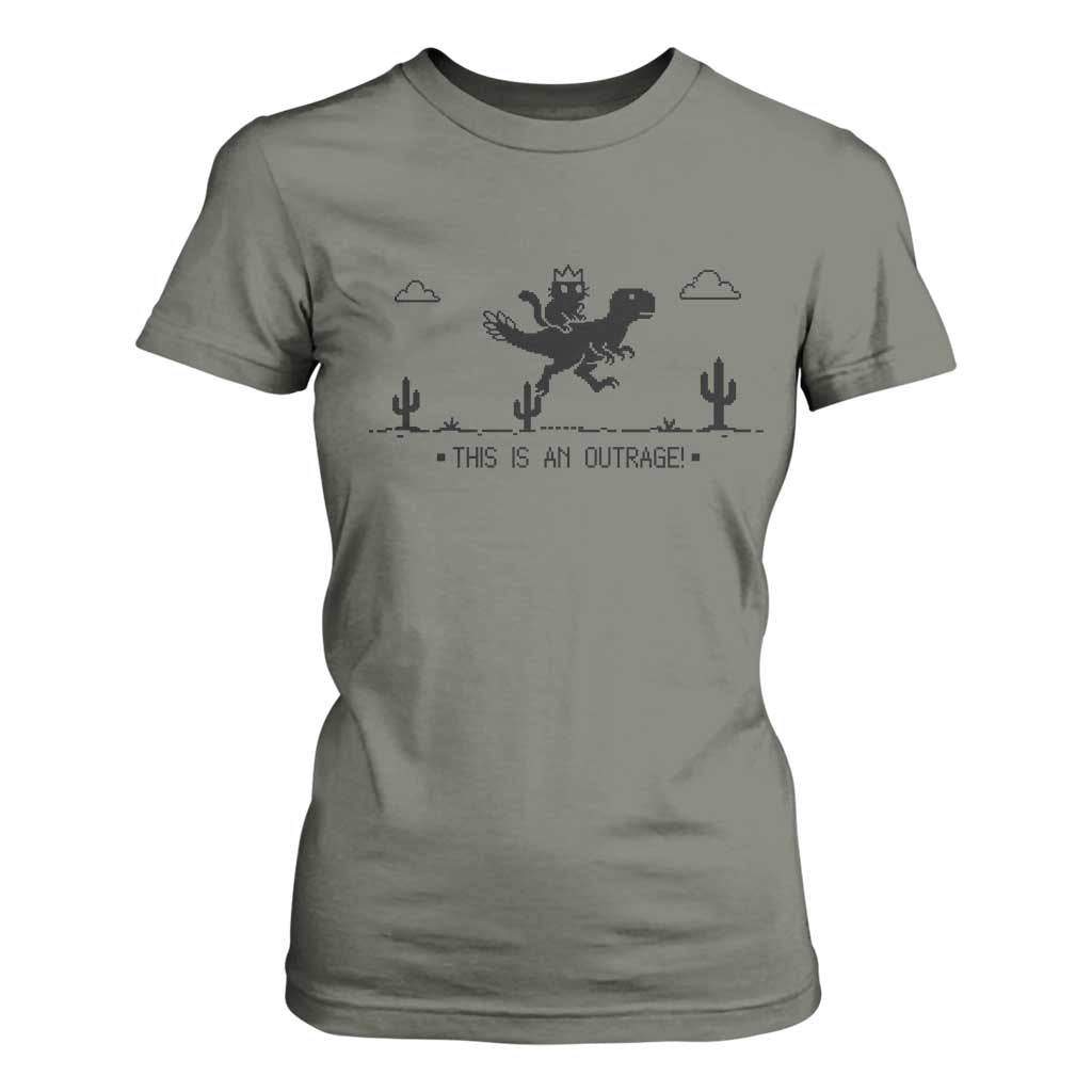 Funny Cat Riding Dinosaur Pixel Retro T Shirt For Women This Is An Outrage