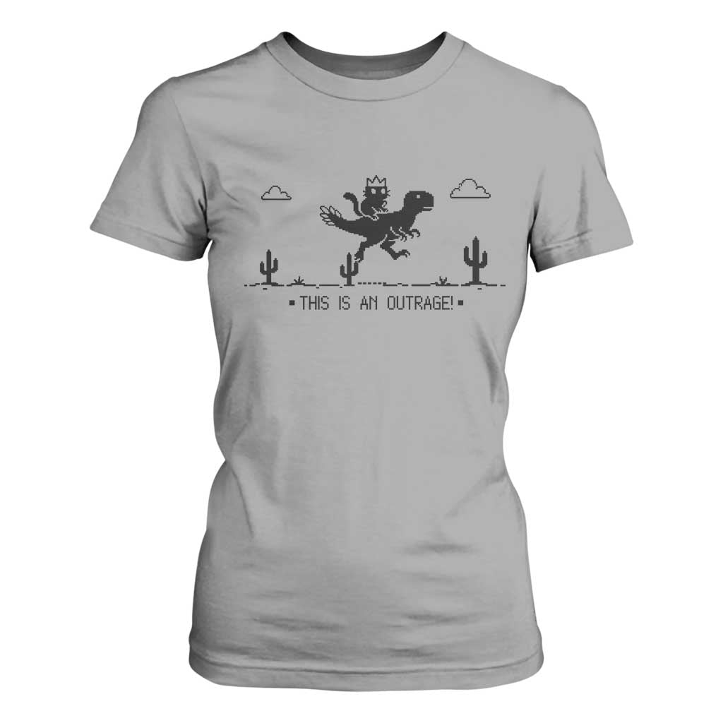 Funny Cat Riding Dinosaur Pixel Retro T Shirt For Women This Is An Outrage