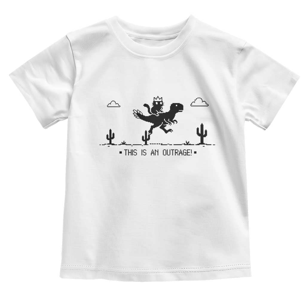 Funny Cat Riding Dinosaur Pixel Retro Toddler T Shirt This Is An Outrage TS12 White Print Your Wear