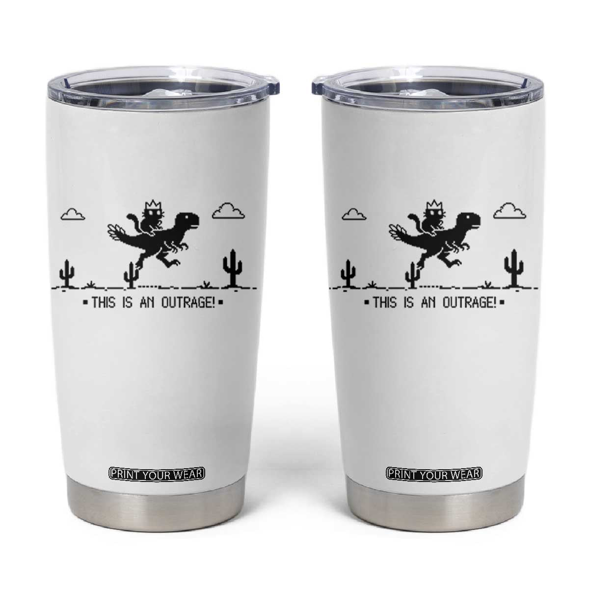 Funny Cat Riding Dinosaur Pixel Retro Tumbler Cup This Is An Outrage