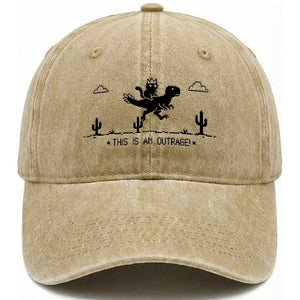 Funny Cat Riding Dinosaur Pixel Retro Washed Cotton Baseball Cap This Is An Outrage