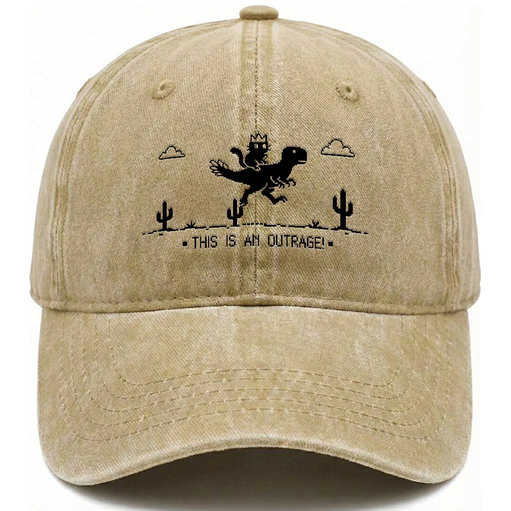Funny Cat Riding Dinosaur Pixel Retro Washed Cotton Baseball Cap This Is An Outrage TS12 Print Your Wear