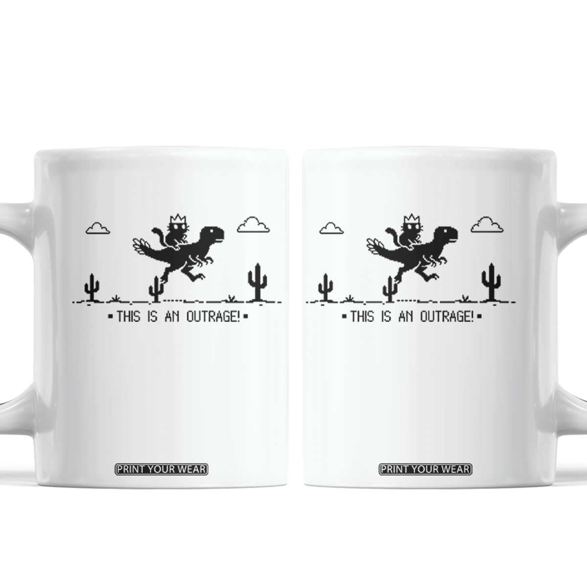 Funny Cat Riding Dinosaur Pixel Retro Coffee Mug This Is An Outrage
