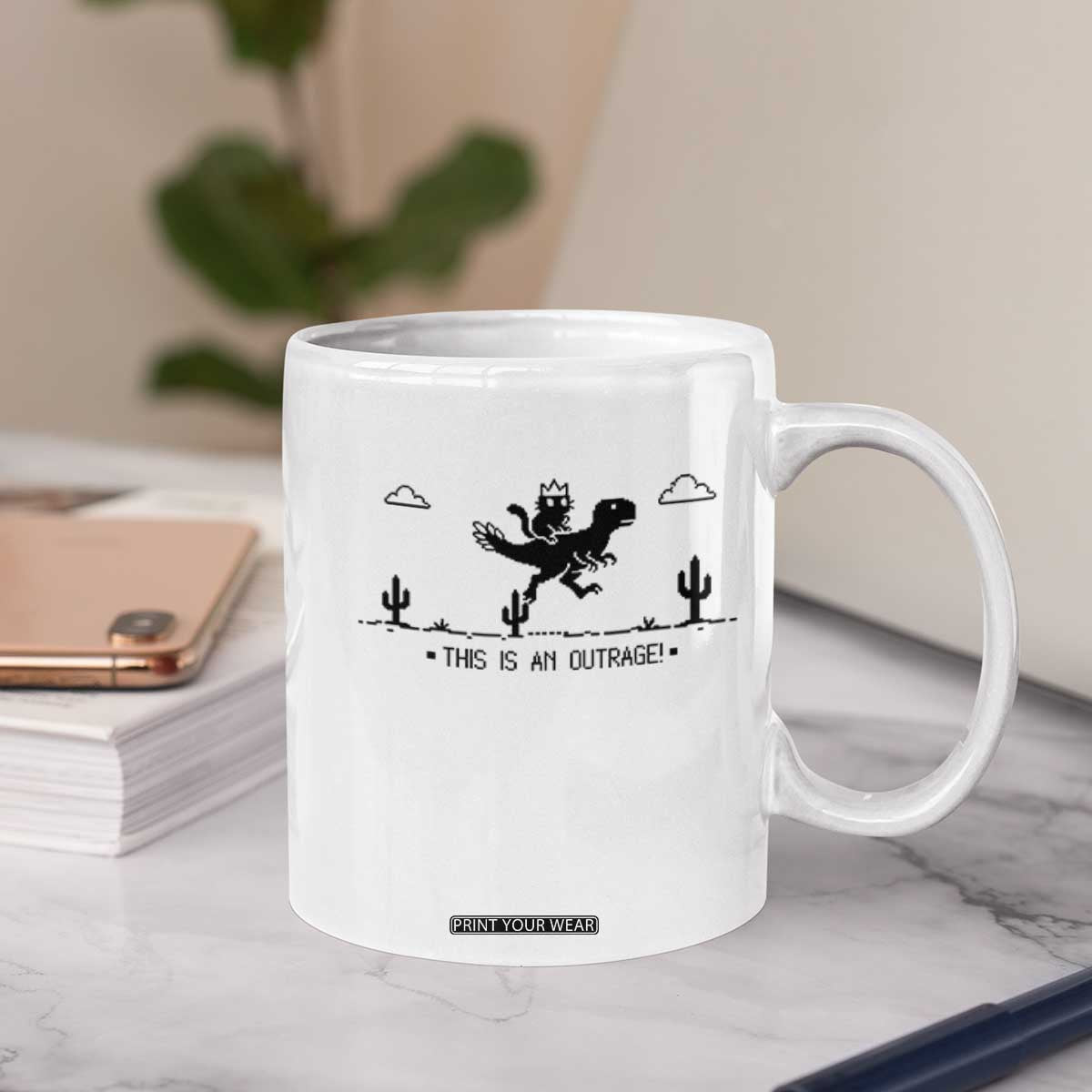 Funny Cat Riding Dinosaur Pixel Retro Coffee Mug This Is An Outrage