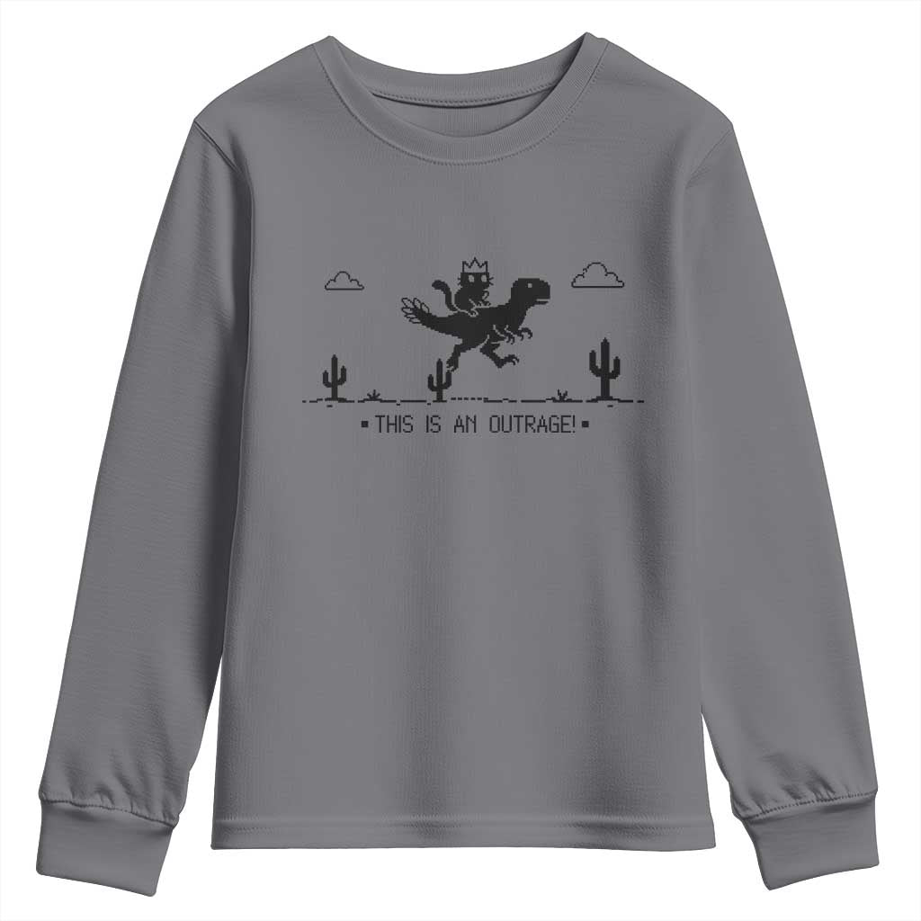 Funny Cat Riding Dinosaur Pixel Retro Youth Sweatshirt This Is An Outrage