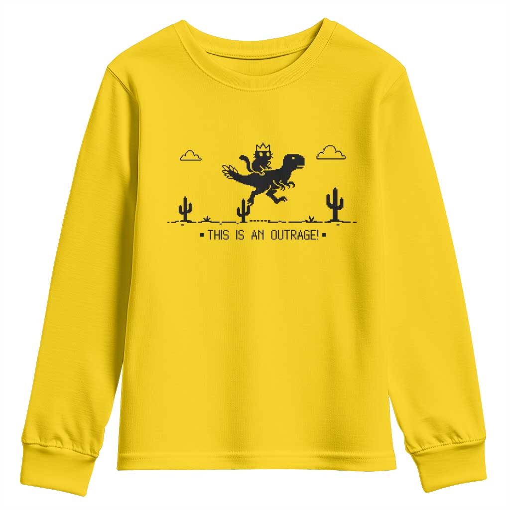 Funny Cat Riding Dinosaur Pixel Retro Youth Sweatshirt This Is An Outrage