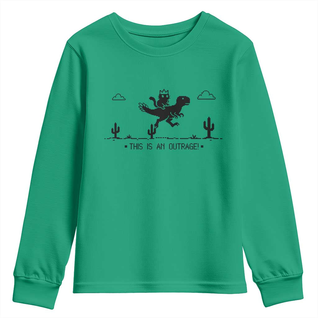 Funny Cat Riding Dinosaur Pixel Retro Youth Sweatshirt This Is An Outrage