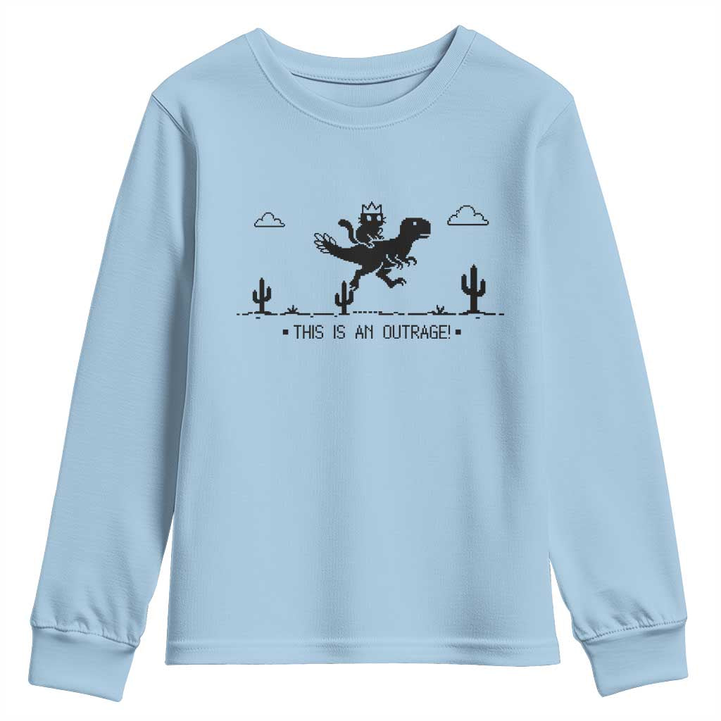 Funny Cat Riding Dinosaur Pixel Retro Youth Sweatshirt This Is An Outrage