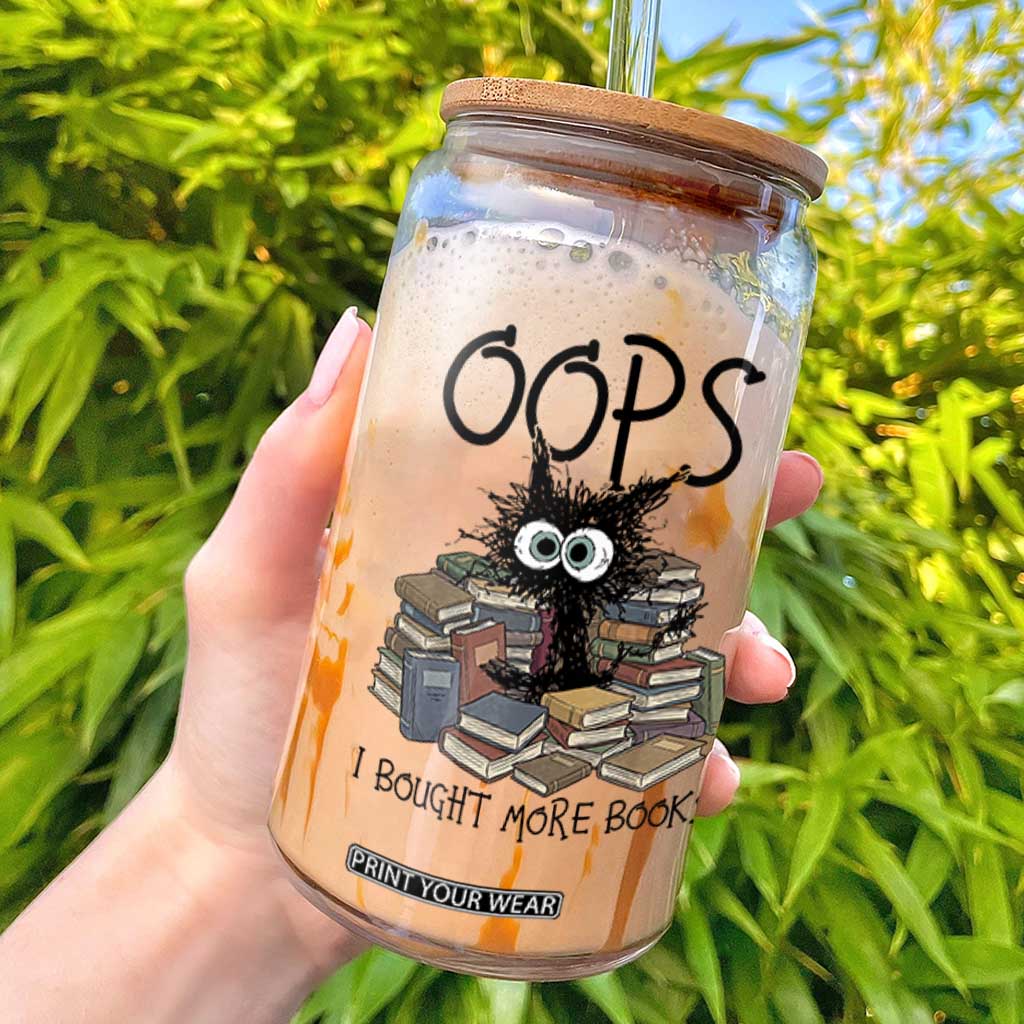 Funny Black Cat Bookworm Gift Glass Can Oops I Bought More Books