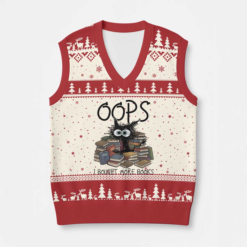 Funny Black Cat Bookworm Gift V-Neck Knit Sweater Vest Oops I Bought More Books