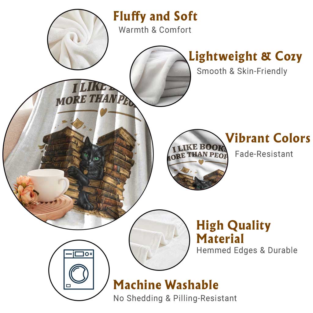 Funny Black Cat Bookworm Quote Throw Blanket I Like Books More Than People
