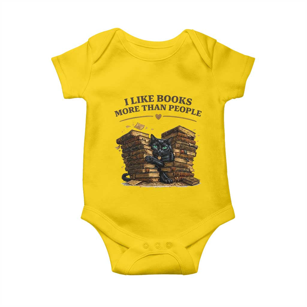 Funny Black Cat Bookworm Quote Baby Onesie I Like Books More Than People