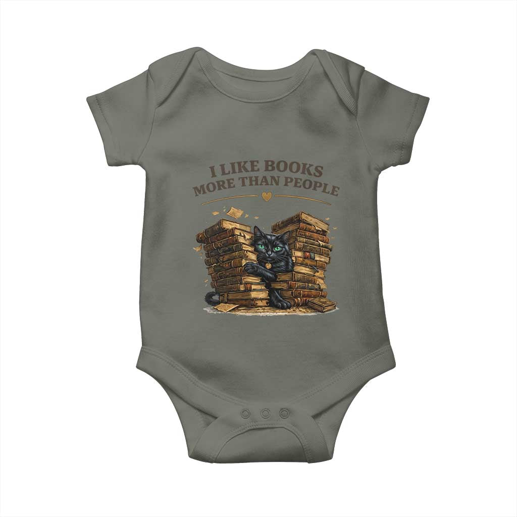 Funny Black Cat Bookworm Quote Baby Onesie I Like Books More Than People