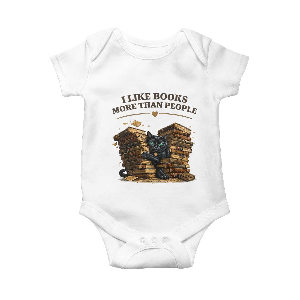 Funny Black Cat Bookworm Quote Baby Onesie I Like Books More Than People