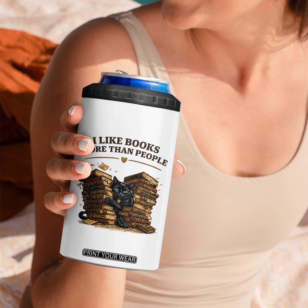 Funny Black Cat Bookworm Quote 4 in 1 Can Cooler Tumbler I Like Books More Than People