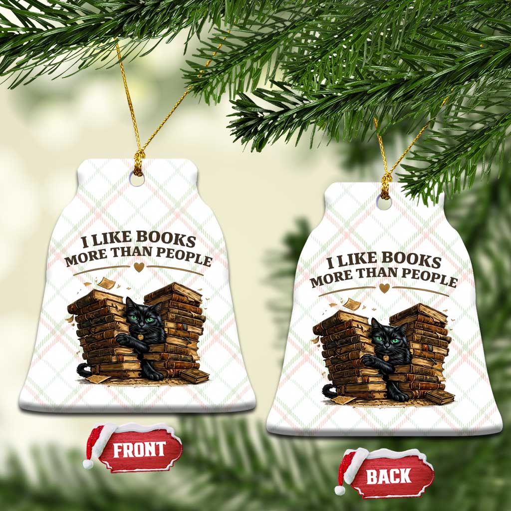 Funny Black Cat Bookworm Quote Ceramic Ornament I Like Books More Than People